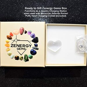 Zenergy Gems Selenite Charged Wire-Wrapped Natural Gemstone Pendant + 20" Silver Chain * Baby Selenite Pocket Puffy Heart (Black Tourmaline (Himalayan))