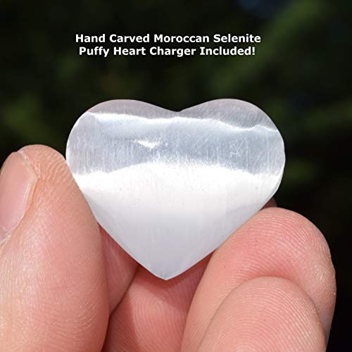 Zenergy Gems Selenite Charged Wire-Wrapped Natural Gemstone Pendant + 20" Silver Chain * Baby Selenite Pocket Puffy Heart (Black Tourmaline (Himalayan))