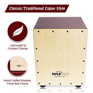 Pyle Snare Style Birch Wood Compact Acoustic Jam Cajon-Wooden Hand Drum Percussion Beat Box with Internal, Deep Bass, Classic Slap, and Crackle Sound-for Kids, Teens, and Adults-PCJD25, Brown (PCJD25)