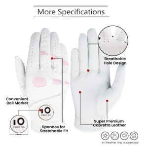 FINGER TEN Women’s Leather Golf Glove with Ball Marker Extra Grip 1 Pack, Left Right Hand Pink Fit Woman Girl, Size Small Medium Large XL (Small, Left)