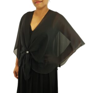 excaped womens evening wrap sheer chiffon cape and silver scarf ring set -black