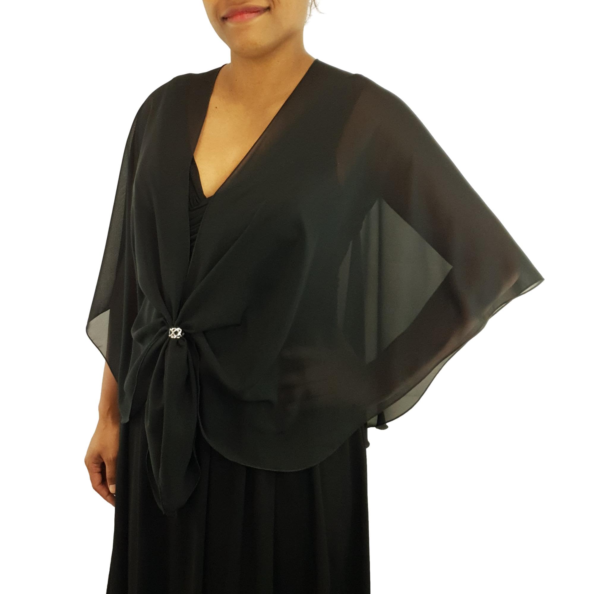 eXcaped Womens Evening Wrap Sheer Chiffon Cape and Silver Scarf Ring Set -Black