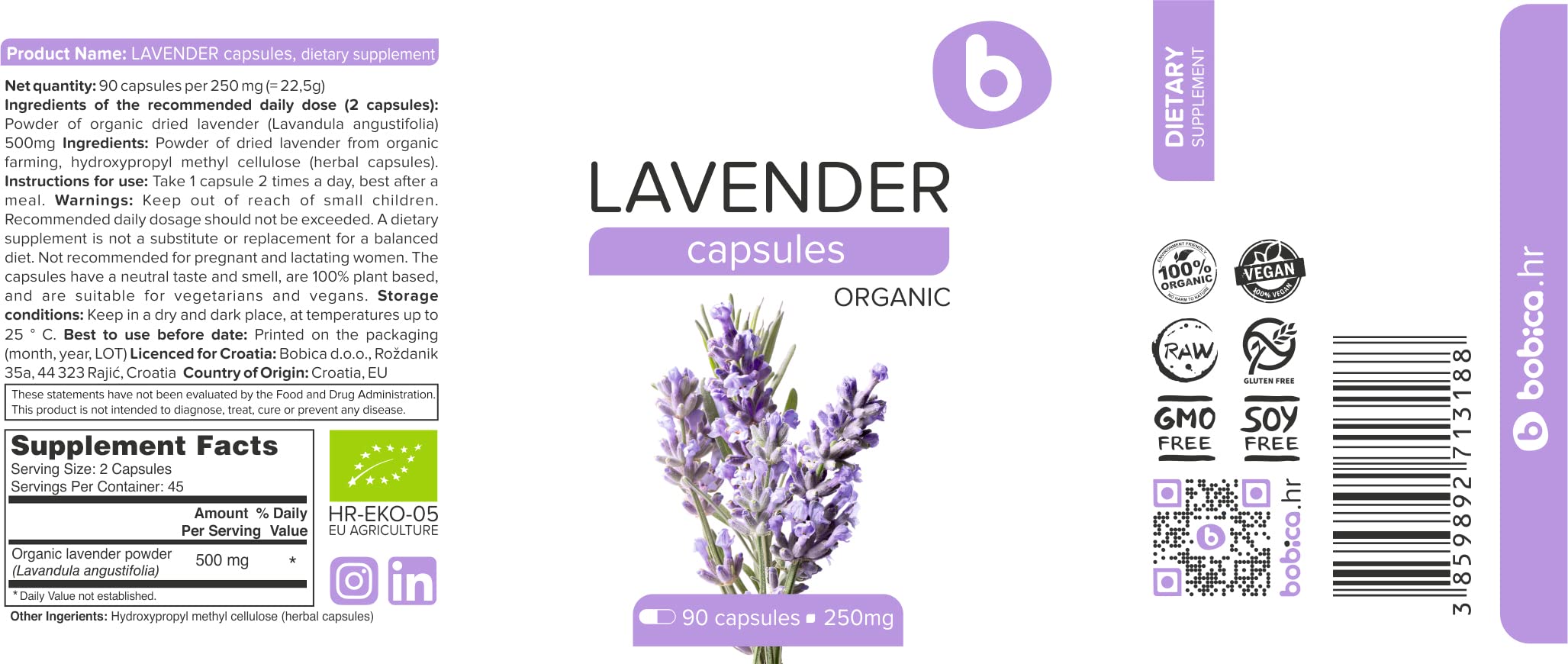 Bobica Premium European Organic Lavender Capsules, Helps Reduce Stress, Calming, GMO Free, Gluten Free, All Natural, 250 mg, 90 Vegan caps