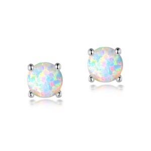 White Fire Opal Earrings for Women 18K White Gold Plated 4mm Opal Birthstone Gemstone Stud Earrings for women Hypoallergenic Jewelry Gifts