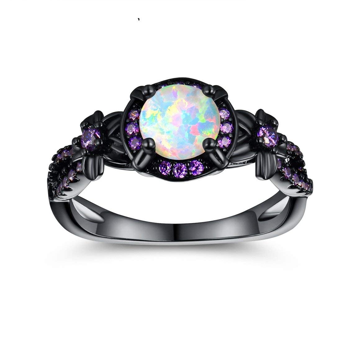 18K Black Gold Plated White Fire Opal Rings for Women October's Birthstone Gemstone Created Amethyst Eternity Wedding Engagement Promise Band (9)