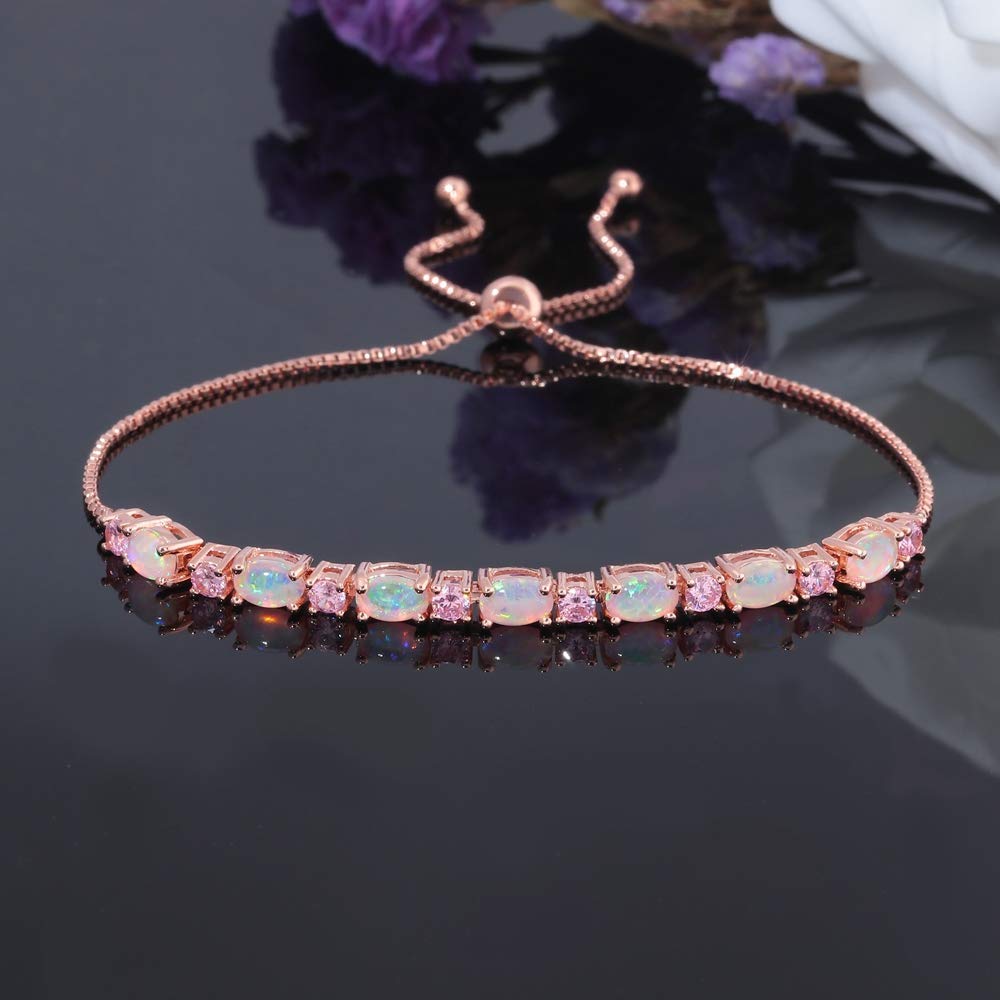 CiNily Rose Gold Plated Bracelet-Ajustable Sparkling Cubic Zirconia Pink Opal Bracelet for Women Girls for Her