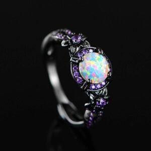 18K Black Gold Plated White Fire Opal Rings for Women October's Birthstone Gemstone Created Amethyst Eternity Wedding Engagement Promise Band (8)