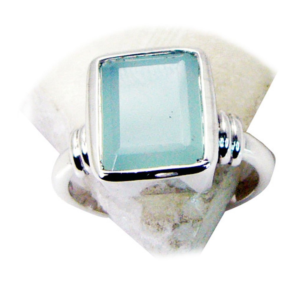 55Carat Brand Sterling Silver Natural Aqua Chalcedony Emerald Cut Simple Ring Size 4,5,6,7,8,9,10,11,12