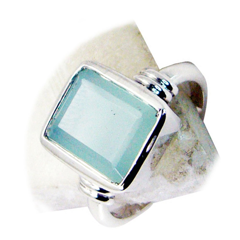 55Carat Brand Sterling Silver Natural Aqua Chalcedony Emerald Cut Simple Ring Size 4,5,6,7,8,9,10,11,12