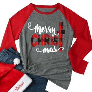 Merry Christmas Tee Shirts Women Christmas Tee Shirts Tops Letter Print Long Sleeve Raglan Baseball Tee Shirts Gray