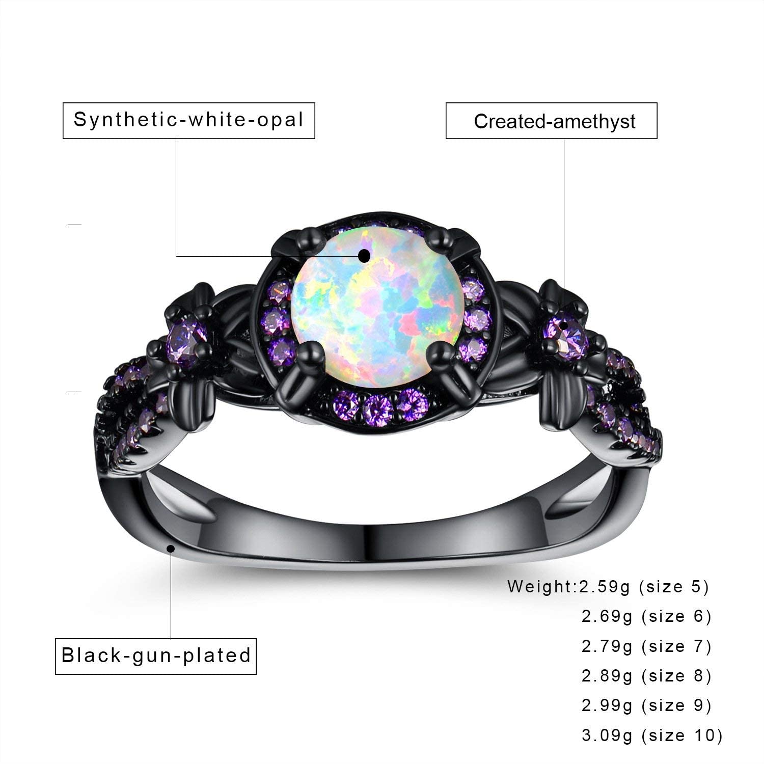 VOLUKA 18K Black Gun Plated 6.5MM Round White Opal Created Amethyst Ring Band (5)