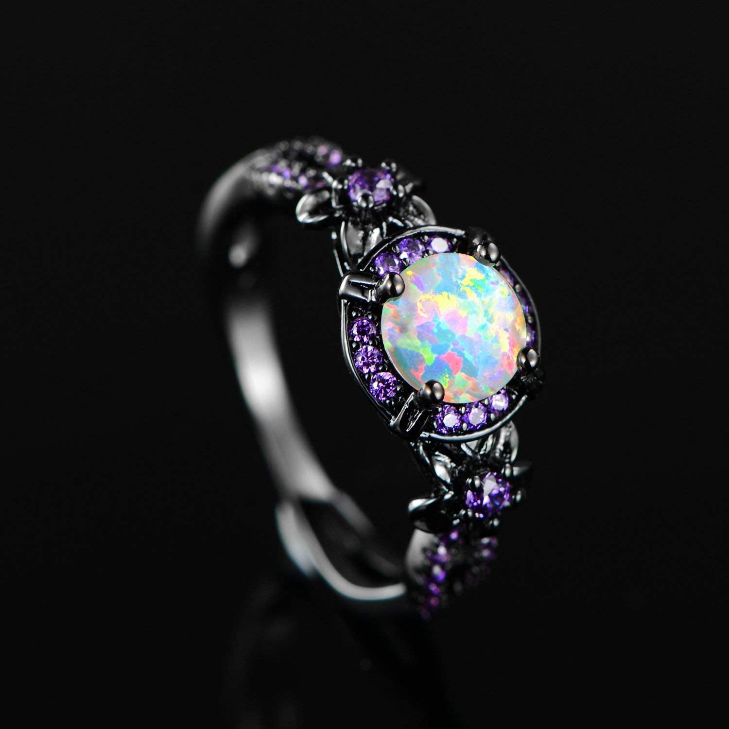 VOLUKA 18K Black Gun Plated 6.5MM Round White Opal Created Amethyst Ring Band (5)