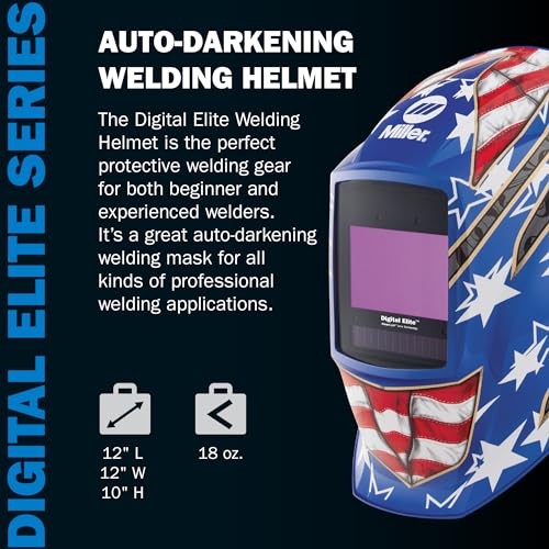 Miller Digital Elite Auto Darkening Welding Helmet - Digital Welding Hood with 9.2 Sq.in. Viewing Screen, 4 Arc Sensors & 4 Operating Modes - Welding Mask for Men & Women (Stars & Stripes III)