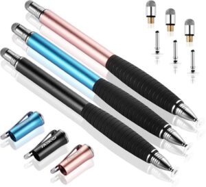 meko (2nd gen)[2 in 1 precision series] universal disc stylus touch screen pen for iphone,ipad,all other capacitive touch screens bundle with 6 replacement tips,pack of 3 (black/rose gold/aqua blue)