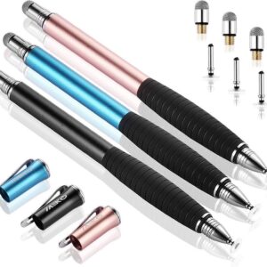 MEKO (2nd Gen)[2 in 1 Precision Series] Universal Disc Stylus Touch Screen Pen for iPhone,iPad,All Other Capacitive Touch Screens Bundle with 6 Replacement Tips,Pack of 3 (Black/Rose Gold/Aqua Blue)