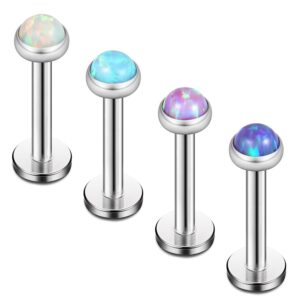 Ruifan 3mm Opal Jeweled Internally Threaded Stainless Steel Labret Monroe Lip Ring Tragus Helix Earring Stud 16G 1/4" 6mm 4PCS