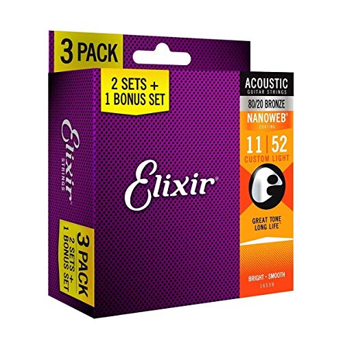 Elixir Strings, Acoustic Guitar Strings, 80/20 Bronze with NANOWEB Coating, Longest-Lasting Bright and Focused Tone with Comfortable Feel, 6 String Set, 3 Pack, Custom Light 11-52