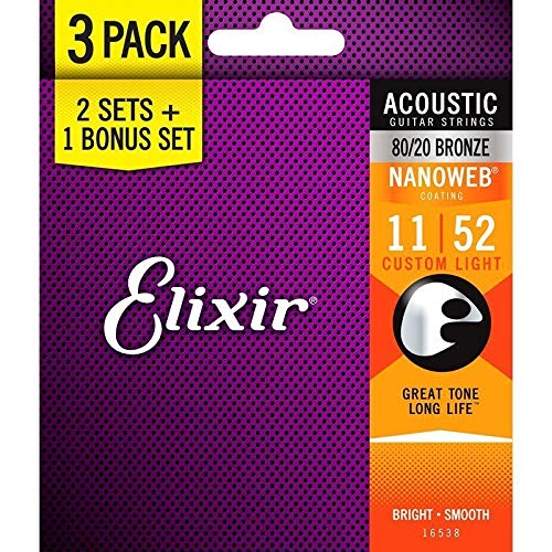 Elixir Strings, Acoustic Guitar Strings, 80/20 Bronze with NANOWEB Coating, Longest-Lasting Bright and Focused Tone with Comfortable Feel, 6 String Set, 3 Pack, Custom Light 11-52