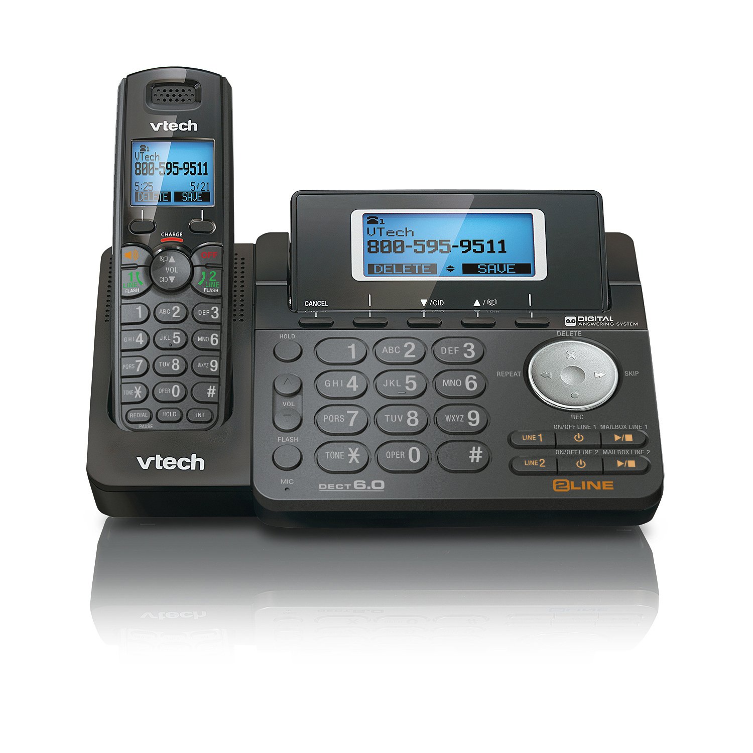 VTech DS6151-11 DECT 6.0 2-Line Expandable Cordless Phone + (1) DS6101-11 Accessory Handset, Black