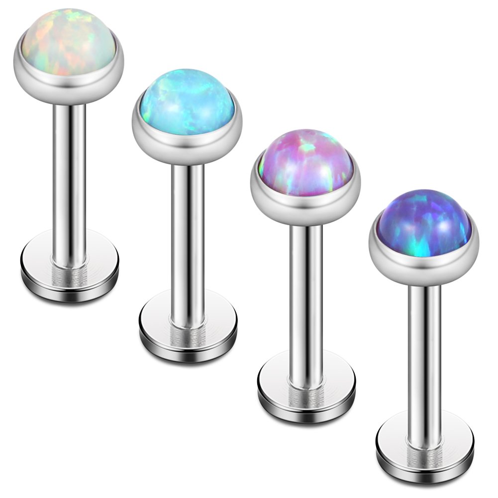 Ruifan 4mm Opal Jeweled Internally Threaded Stainless Steel Labret Monroe Lip Ring Tragus Helix Earring Stud 16G 5/16" 8mm 4PCS