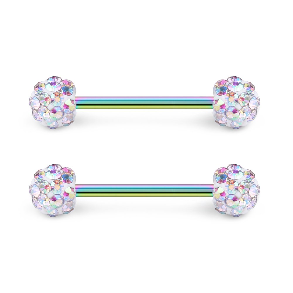 Ruifan 16G 9/16Inch Crystal & Jeweled CZ Ball Nipple Tongue Shield Ring & Stainless Steel Straight Barbell Body Piercing Jewelry Retainer 6PCS - Rainbow