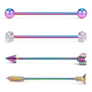 Ruifan 4PCS 14 Gauge Ball Arrow Screw Crystal Ball Industrial Barbell Cartilage Earring Body Piercing Jewelry 1 1/2Inch (38mm) - Rainbow