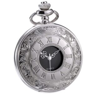 hicarer classic quartz pocket watch with roman numerals scale and chain belt (silver)