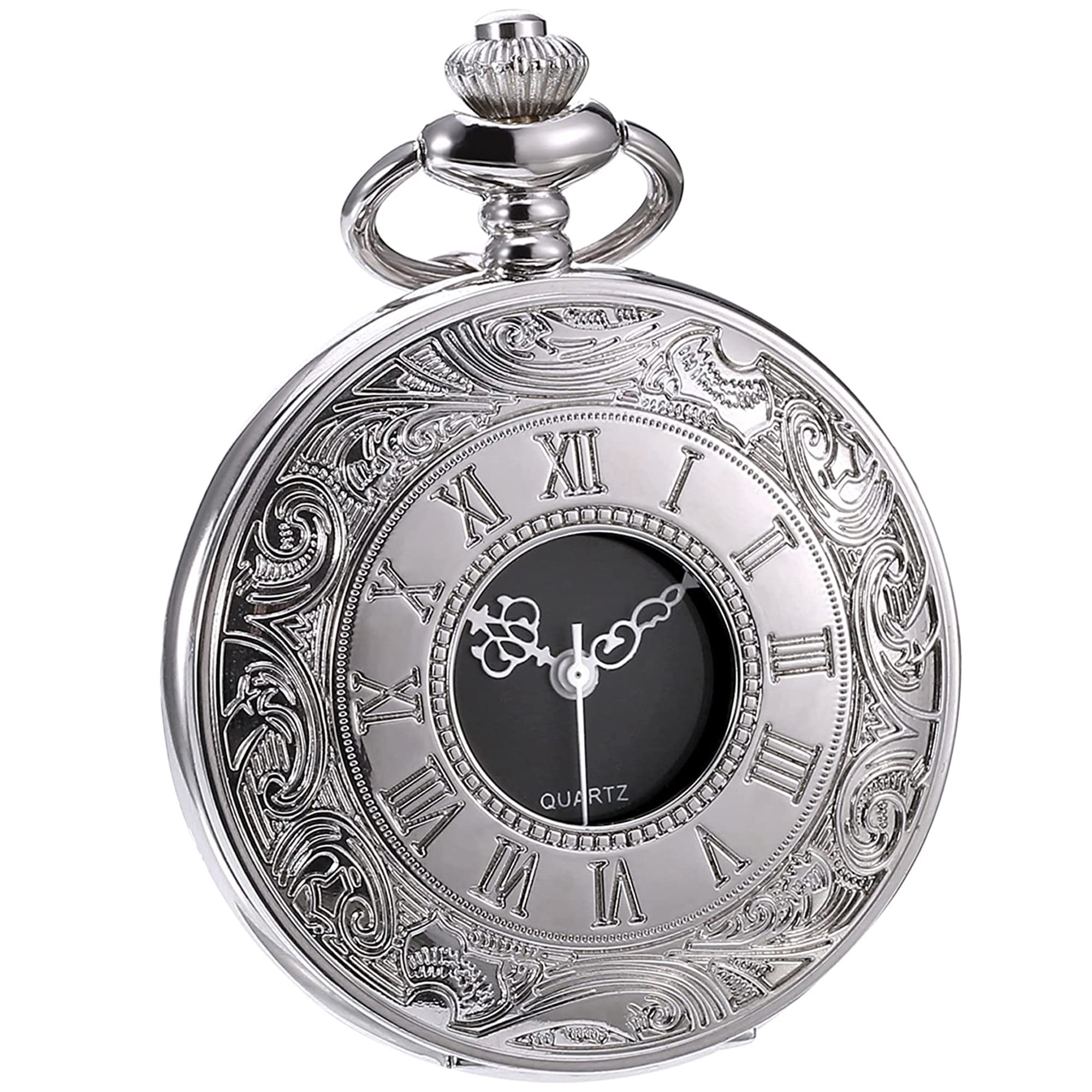 Hicarer Classic Quartz Pocket Watch with Roman Numerals Scale and Chain Belt (Silver)