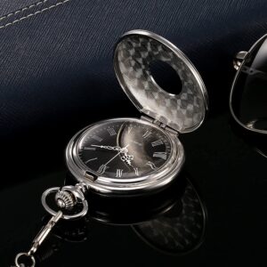 Hicarer Classic Quartz Pocket Watch with Roman Numerals Scale and Chain Belt (Silver)