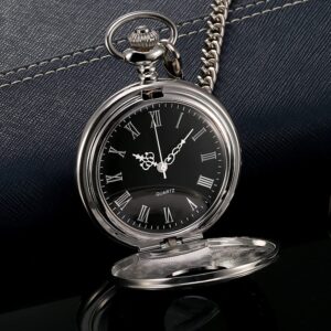 Hicarer Classic Quartz Pocket Watch with Roman Numerals Scale and Chain Belt (Silver)