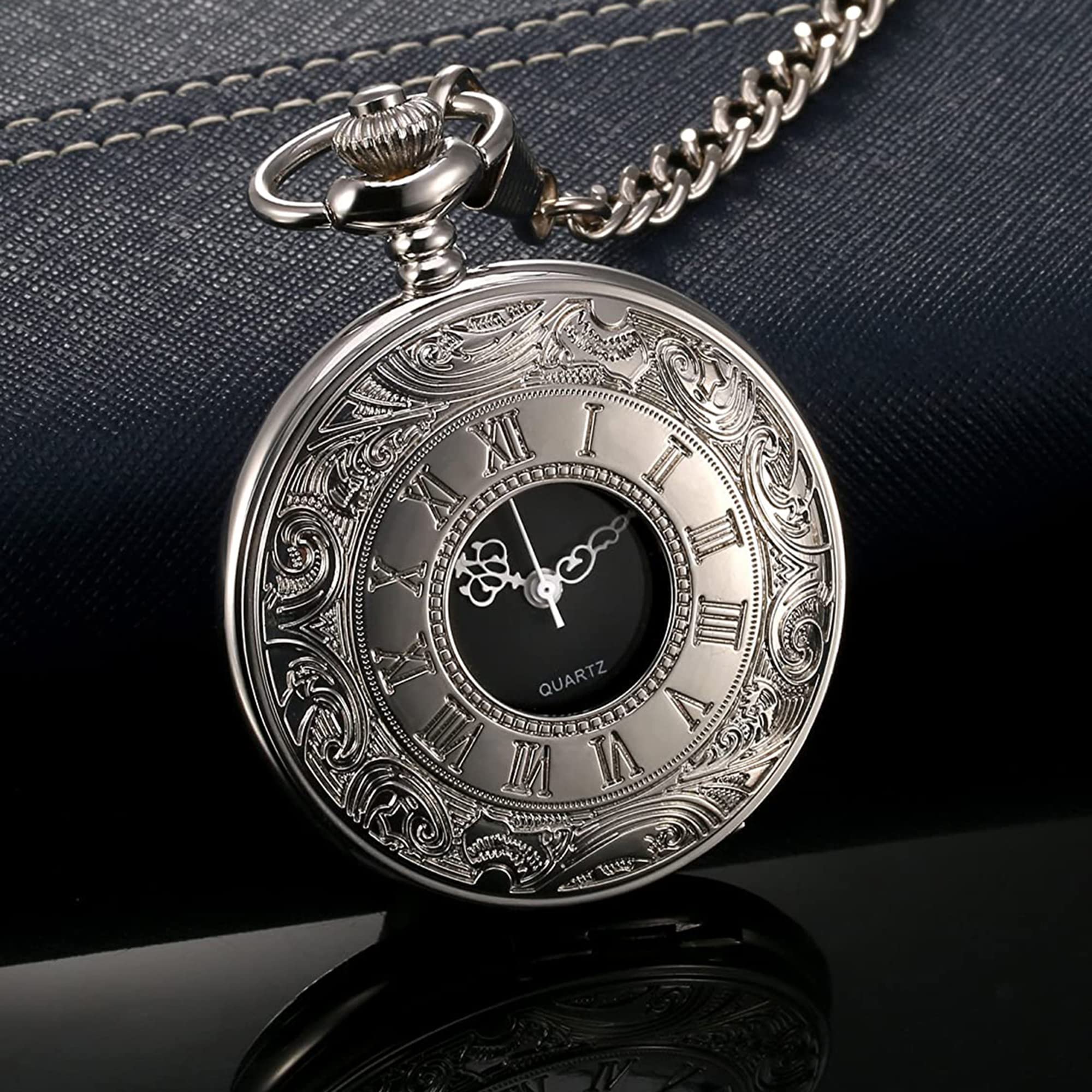 Hicarer Classic Quartz Pocket Watch with Roman Numerals Scale and Chain Belt (Silver)