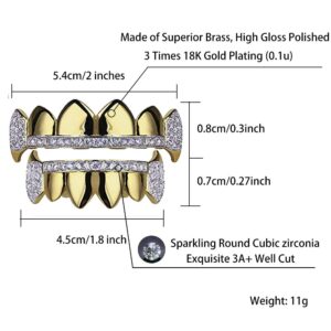 TOPGRILLZ Gold Hip Hop Teeth Grillz Micro Pave Cubic Zircon Top&Bottom Vampire Fangs Teeth Grills Set Holleween Gift Men Women (Yellow Gold)