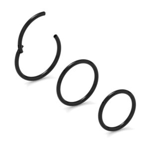 NewkeepsR 3PCS-0.8mm Black Anodised Hinged Clicker Nose Hoop Rings, 20 Gauge 316L Steel Seamless Segment Sleeper Earrings Piercing-7/8/9mm