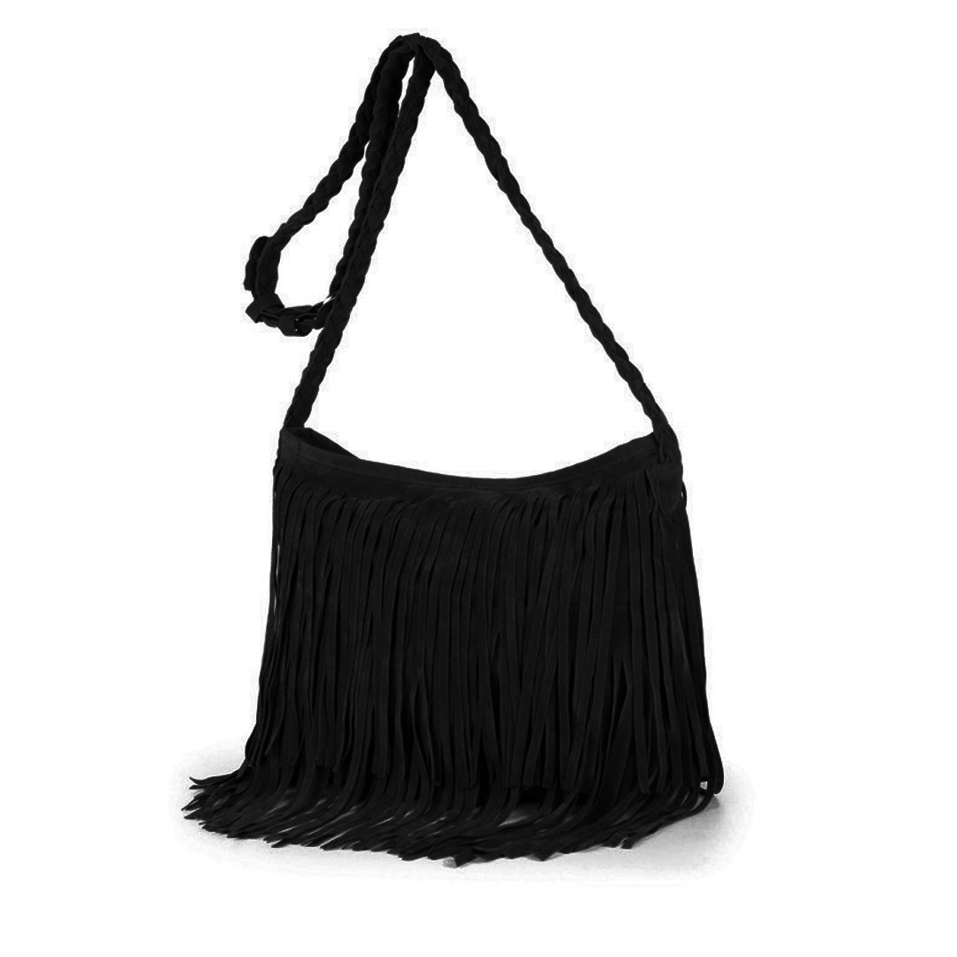 Hobo Hippie Fringe Tassel Faux Suede Shoulder Messenger Cross Body for Womens Sling Bag Black