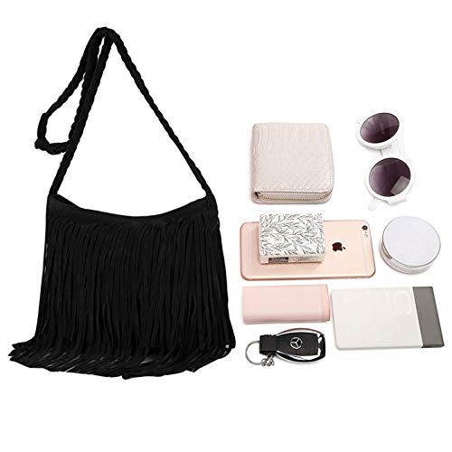 Hobo Hippie Fringe Tassel Faux Suede Shoulder Messenger Cross Body for Womens Sling Bag Black