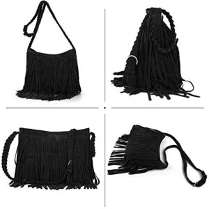 Hobo Hippie Fringe Tassel Faux Suede Shoulder Messenger Cross Body for Womens Sling Bag Black