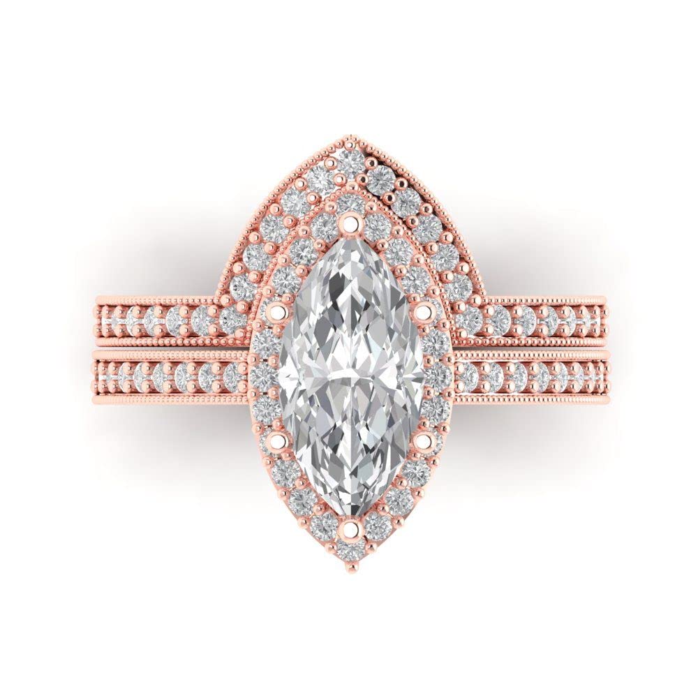 2.48ct Marquise Cut Clear VVS1 Ideal Zircon 14k Rose Gold Halo W/Accents Wedding Bridal Anniversary Ring Set Size 8.25