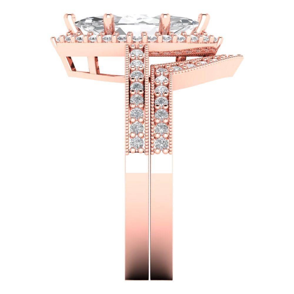 2.48ct Marquise Cut Clear VVS1 Ideal Zircon 14k Rose Gold Halo W/Accents Wedding Bridal Anniversary Ring Set Size 8.25