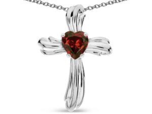 star k heart shape 6mm genuine garnet ribbed cross of love pendant necklace 14 kt white gold