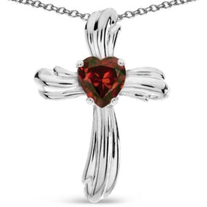 Star K Heart Shape 6mm Genuine Garnet Ribbed Cross Of Love Pendant Necklace 14 kt White Gold