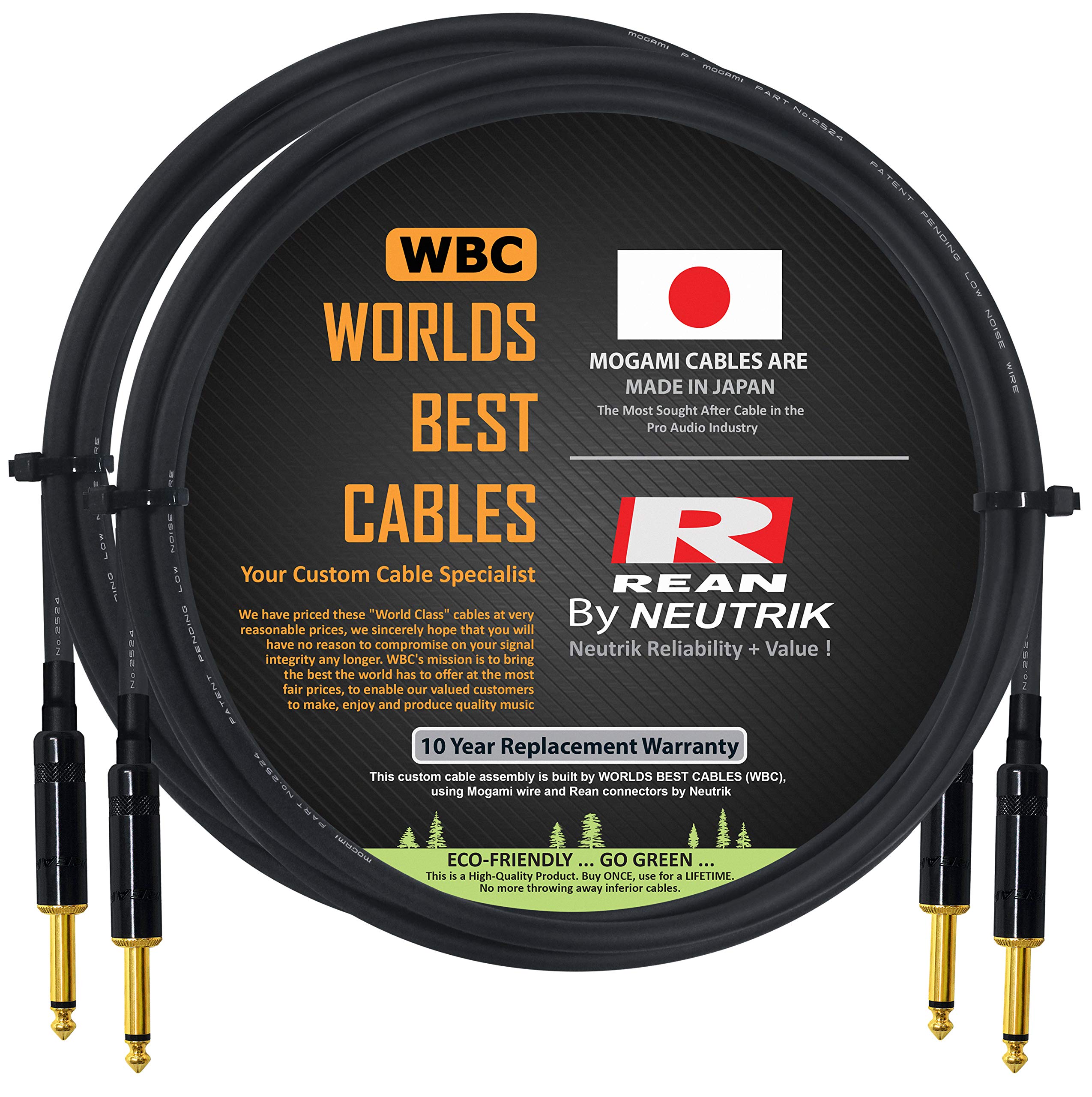 WORLDS BEST CABLES 2 Units - 6 Foot -Pedal, Effects, Patch, Guitar instrument cable CUSTOM MADE made using Mogami 2524 wire and Neutrik-Rean NYS224BG Gold ¼ inch (6.35mm) TS Plugs