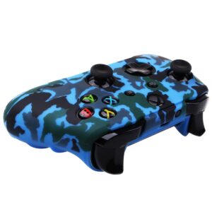 YoRHa Water Transfer Printing Camouflage Silicone Cover Skin Case for Microsoft Xbox One X & Xbox One S Controller x 2(red&Blue) with PRO Thumb Grips x 8