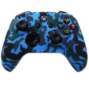 YoRHa Water Transfer Printing Camouflage Silicone Cover Skin Case for Microsoft Xbox One X & Xbox One S Controller x 2(red&Blue) with PRO Thumb Grips x 8