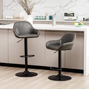 glitzhome mid century bar stools set of 2 vintage swivel leather adjustable bar chair with backrest and footrest, modern pub kitchen counter height barstools, dark grey