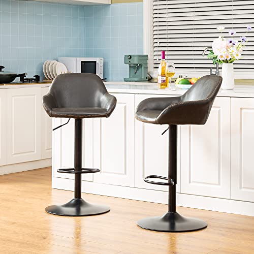 glitzhome Mid Century Bar Stools Set of 2 Vintage Swivel Leather Adjustable Bar Chair with Backrest and Footrest, Modern Pub Kitchen Counter Height Barstools, Dark Grey