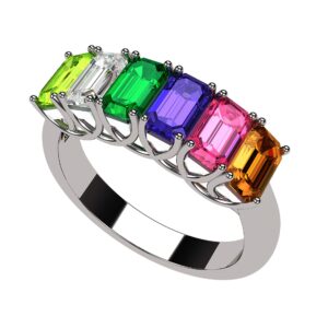 Central Diamond Center Emerald Cut Lucita Mothers Birthstone Ring w/ 1 to 7 Simulated Birthstones - Sterling Silver-Size 11