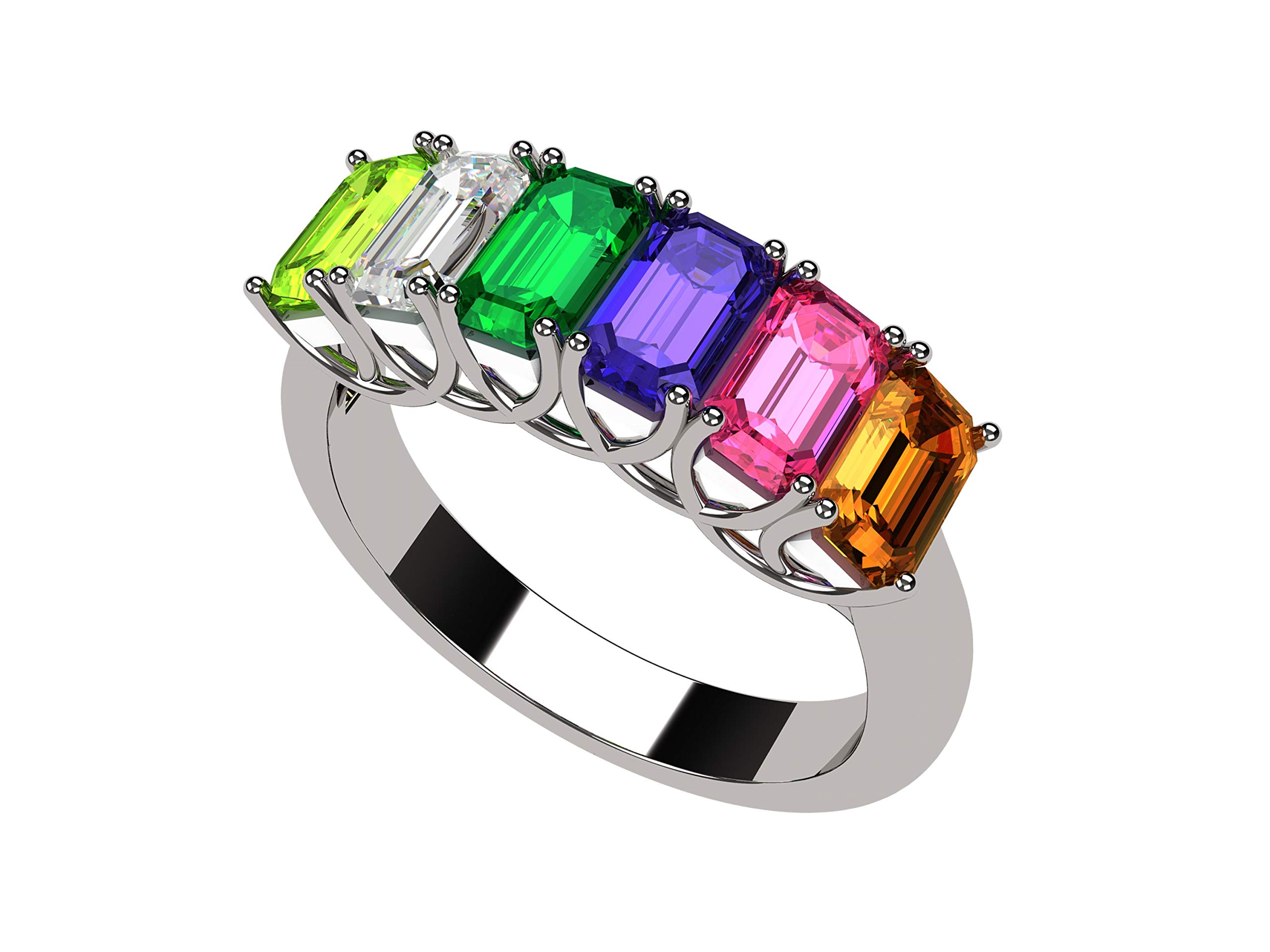 Central Diamond Center Emerald Cut Lucita Mothers Birthstone Ring w/ 1 to 7 Simulated Birthstones - Sterling Silver-Size 11