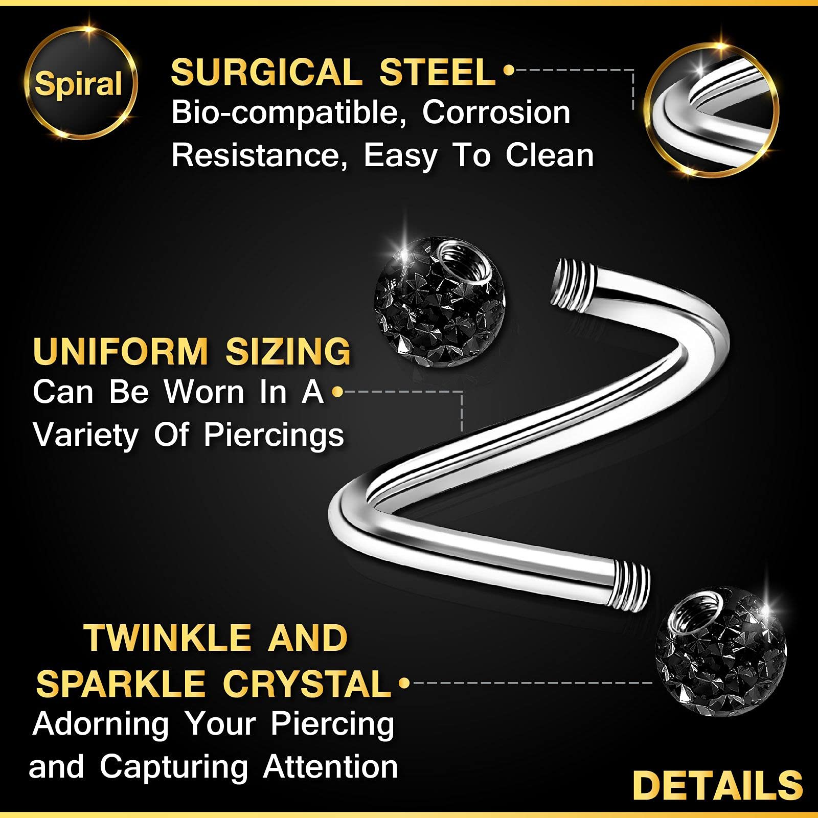 2PCS Stainless Steel Twisted Barbell 16 gauge 5/16 8mm 3mm Jet Crystal Ball Spider Bite Earrings Labret Piercing Jewelry 2163