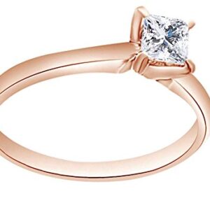 14K Solid Rose Gold Princess Shape (0.33 Cttw) White Natural Diamond Solitaire Engagement Wedding Ring, Size-10