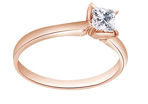 14K Solid Rose Gold Princess Shape (0.33 Cttw) White Natural Diamond Solitaire Engagement Wedding Ring, Size-10